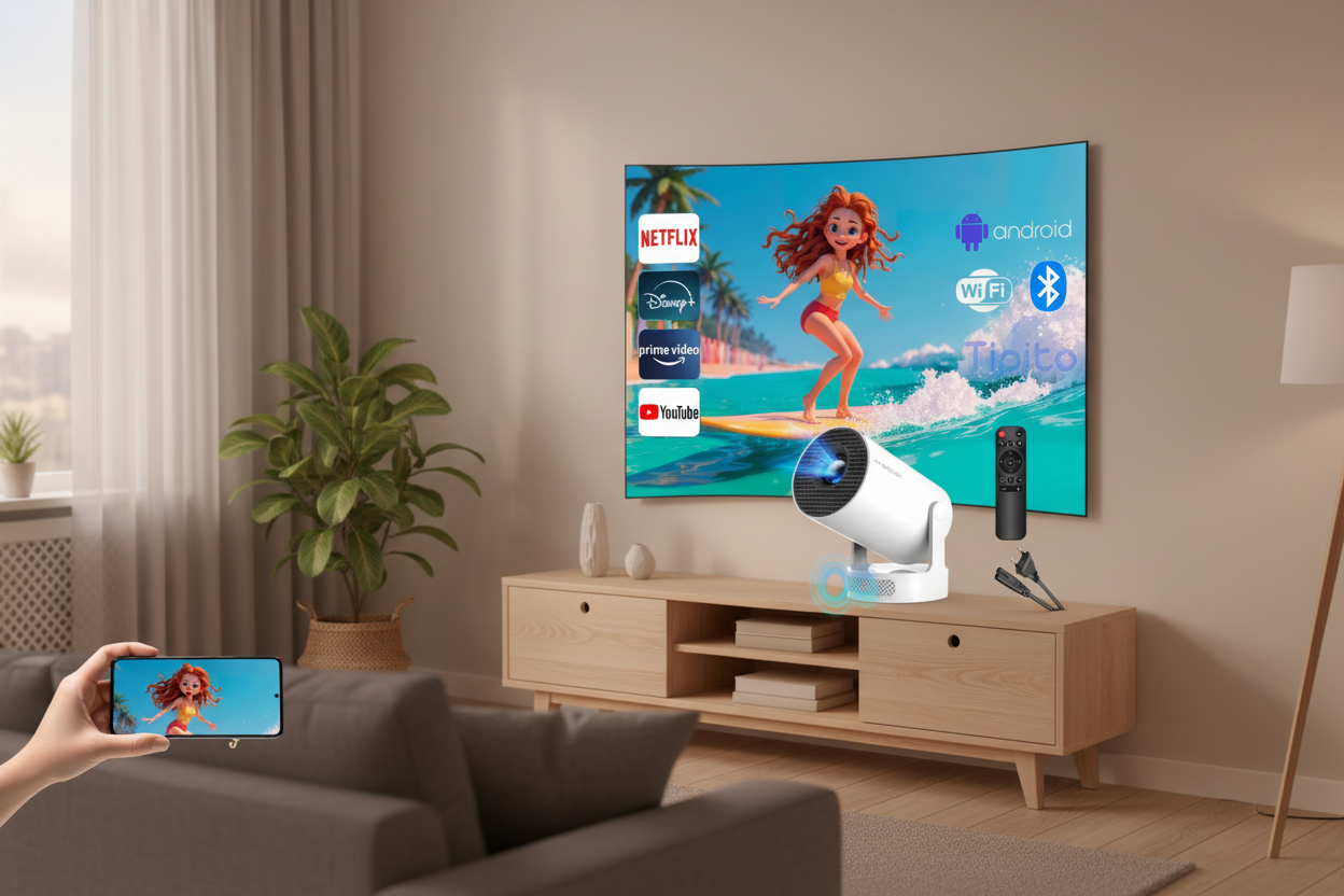 Projektor Magcubic w salonie - streaming filmów i seriali