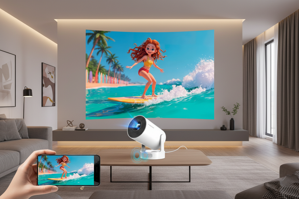 Okrągły projektor na stoliku - nowoczesne kino domowe