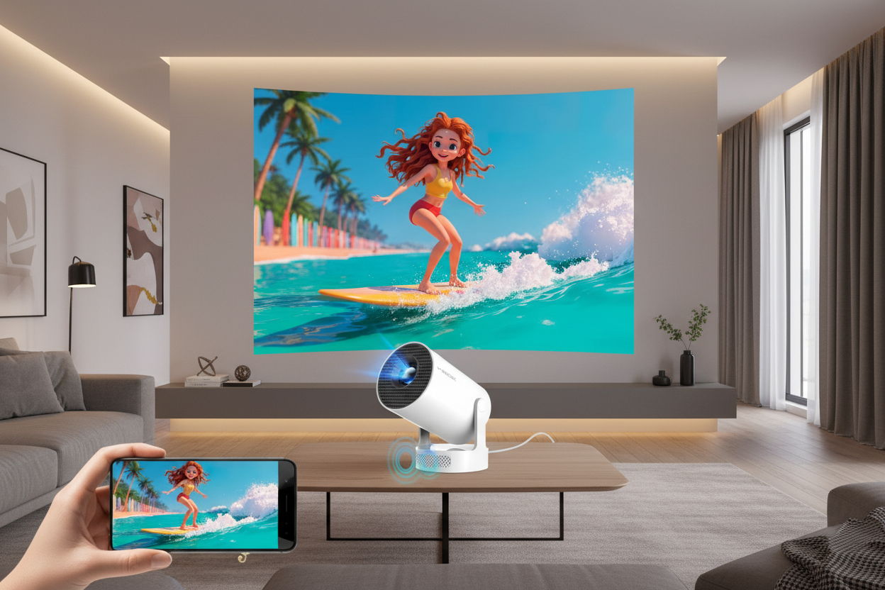 Okrągły projektor na stoliku - nowoczesne kino domowe