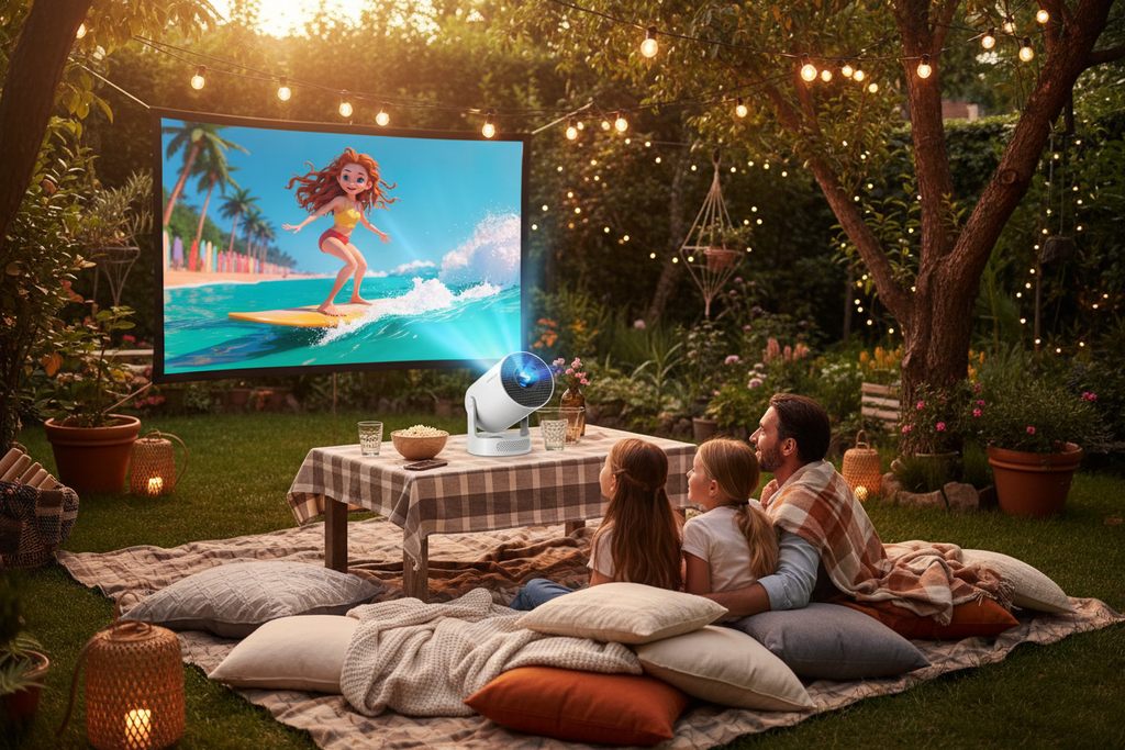 Wieczór filmowy w ogrodzie z projektorem Magcubic